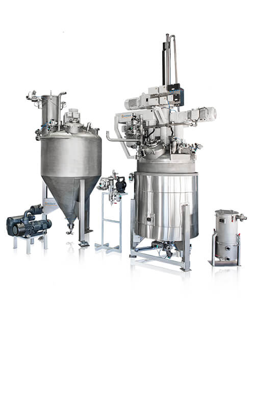 Grieser triple-shaft mixer with vacuum powder feed-in and movable CIP lance